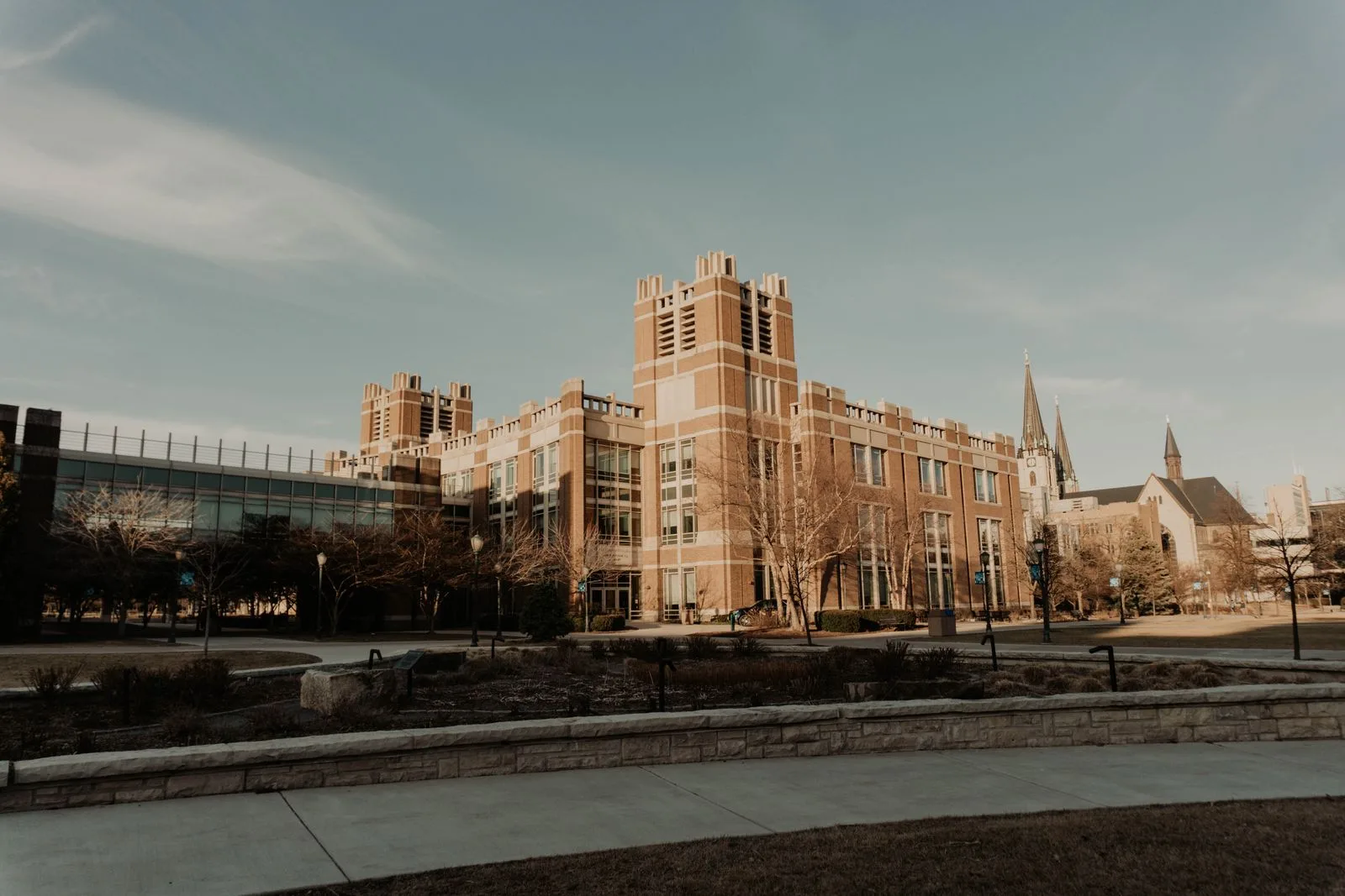 University campus building with historic stone architecture
